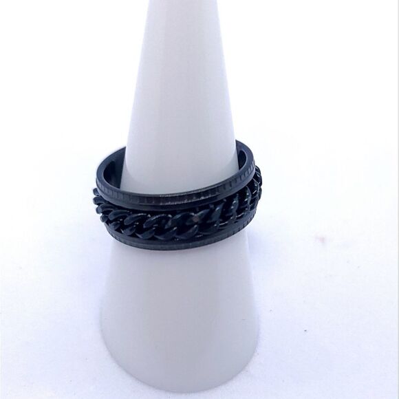 Black Stainless Steel Anxiety Fidget Spinner Ring Unisex Band Curb Chain Inlay - Picture 5 of 5